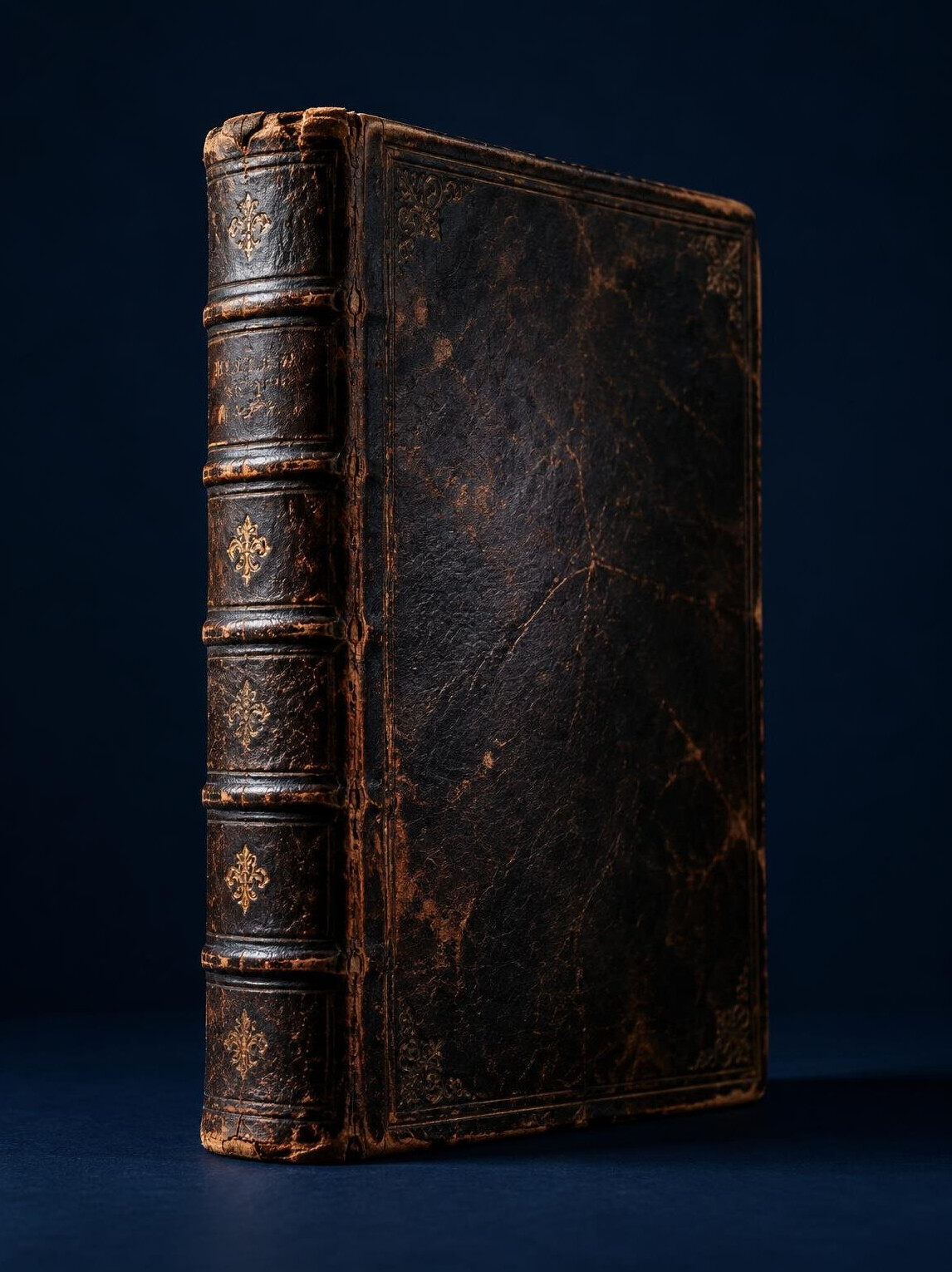 Old worn leather bound book standing upright against a dark background
