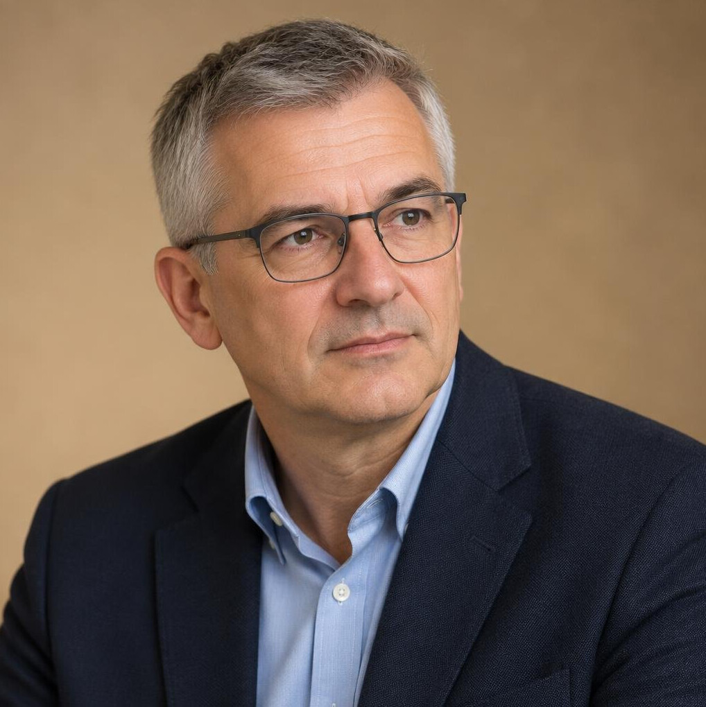 Studio portrait of a middle-aged Croatian man with short grey hair and glasses, wearing a dark blazer