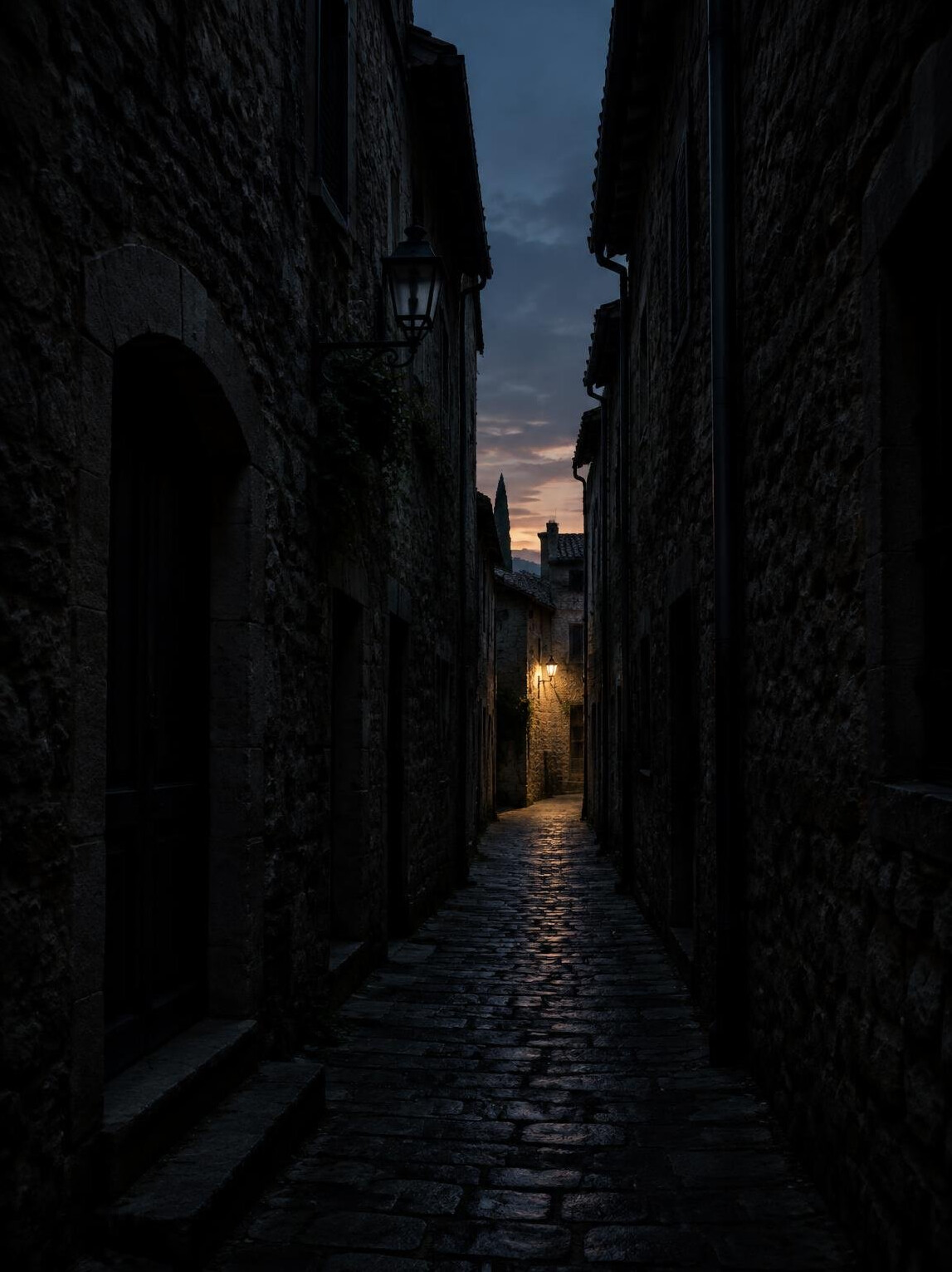 Dark narrow alley between old stone buildings at dusk