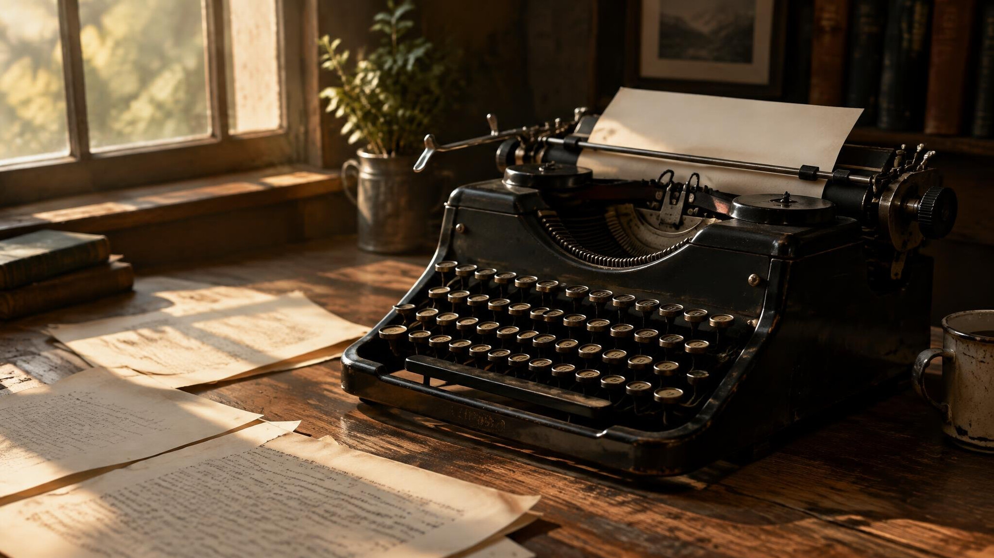 Vintage typewriter on a wooden desk with scattered papers