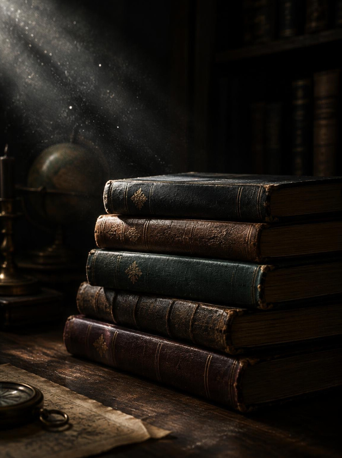 Stack of old hardcover books with dramatic shadows
